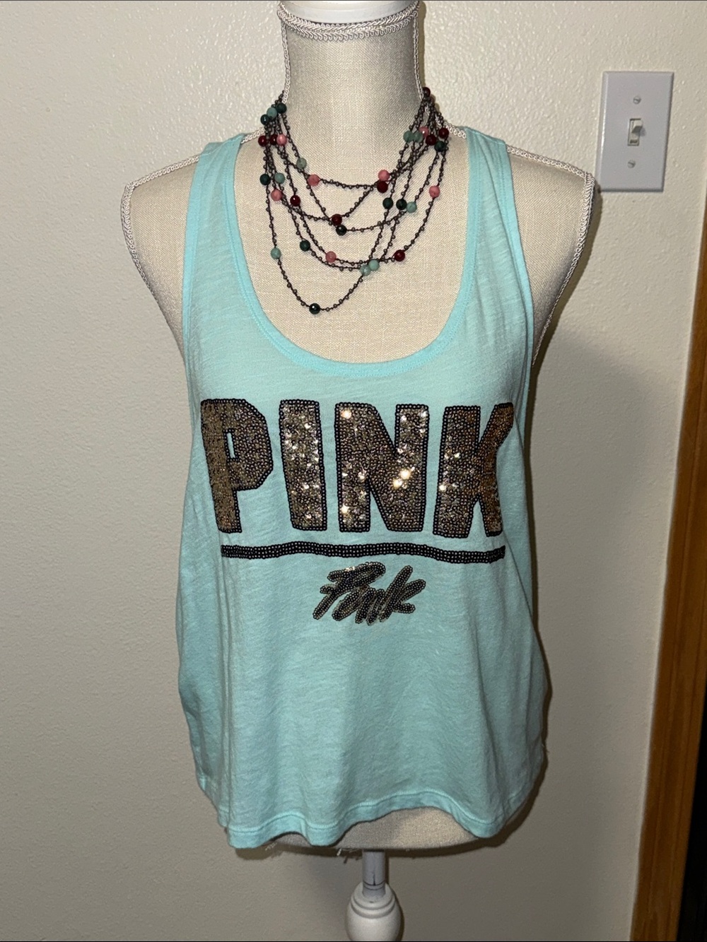 PINK Victoria's Secret Mint Sequin Logo Tank size Small